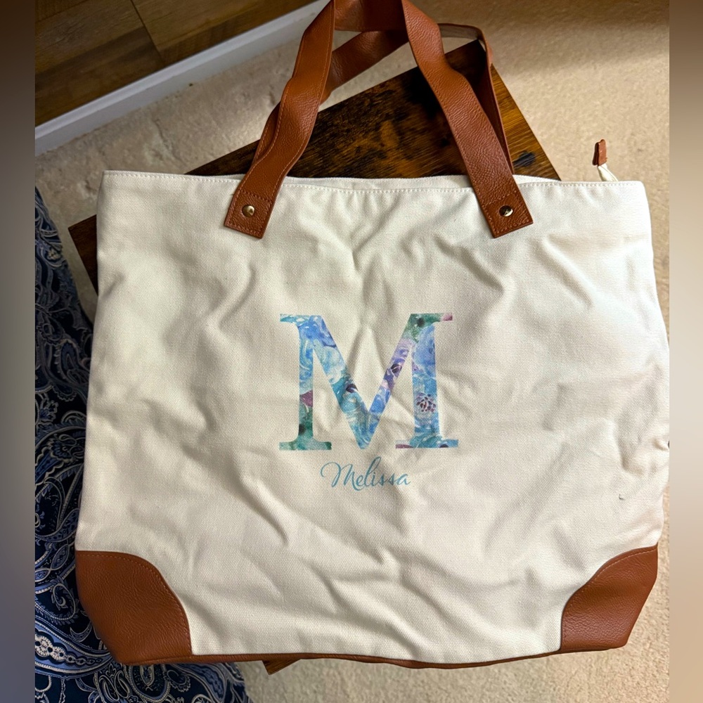 New! Personalized canvas tote w/ leather accents tote. Name & initial M at front